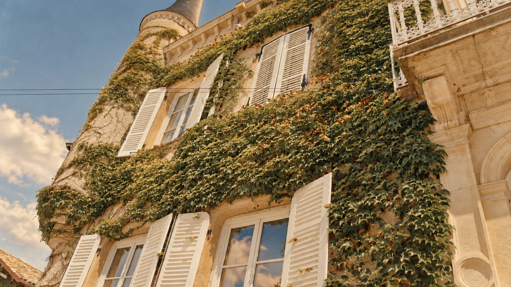 Façade de château couverte de lierre avec volets blancs