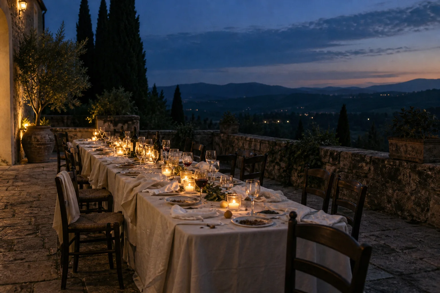 Longue table de mariage au coucher du soleil