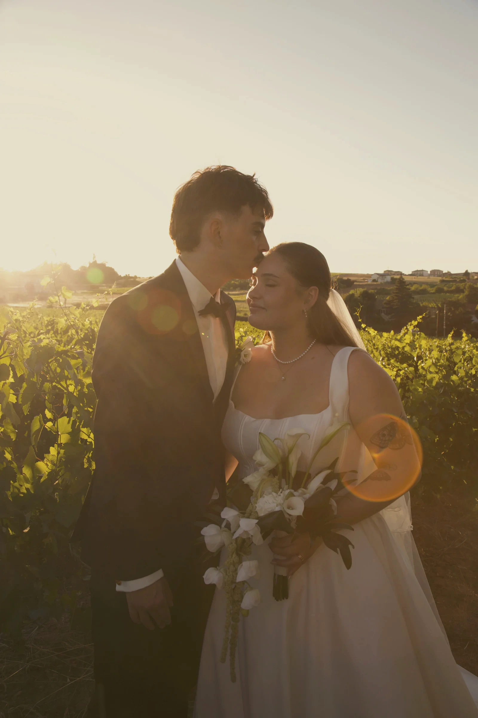 Les mariés s’embrassent face au soleil couchant dans les vignes